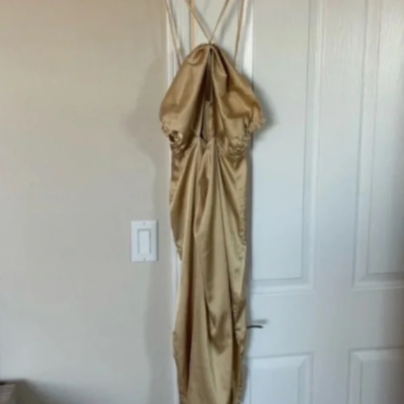 Danielle Bernstein Halter Cutout Gold Satin Dress - size XS - Picture 3 of 4